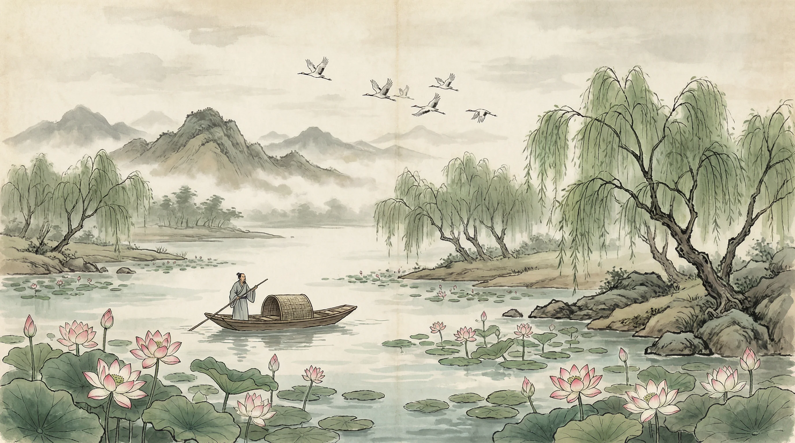 荷塘泛舟水墨画，与 天元棋牌 禅意相映