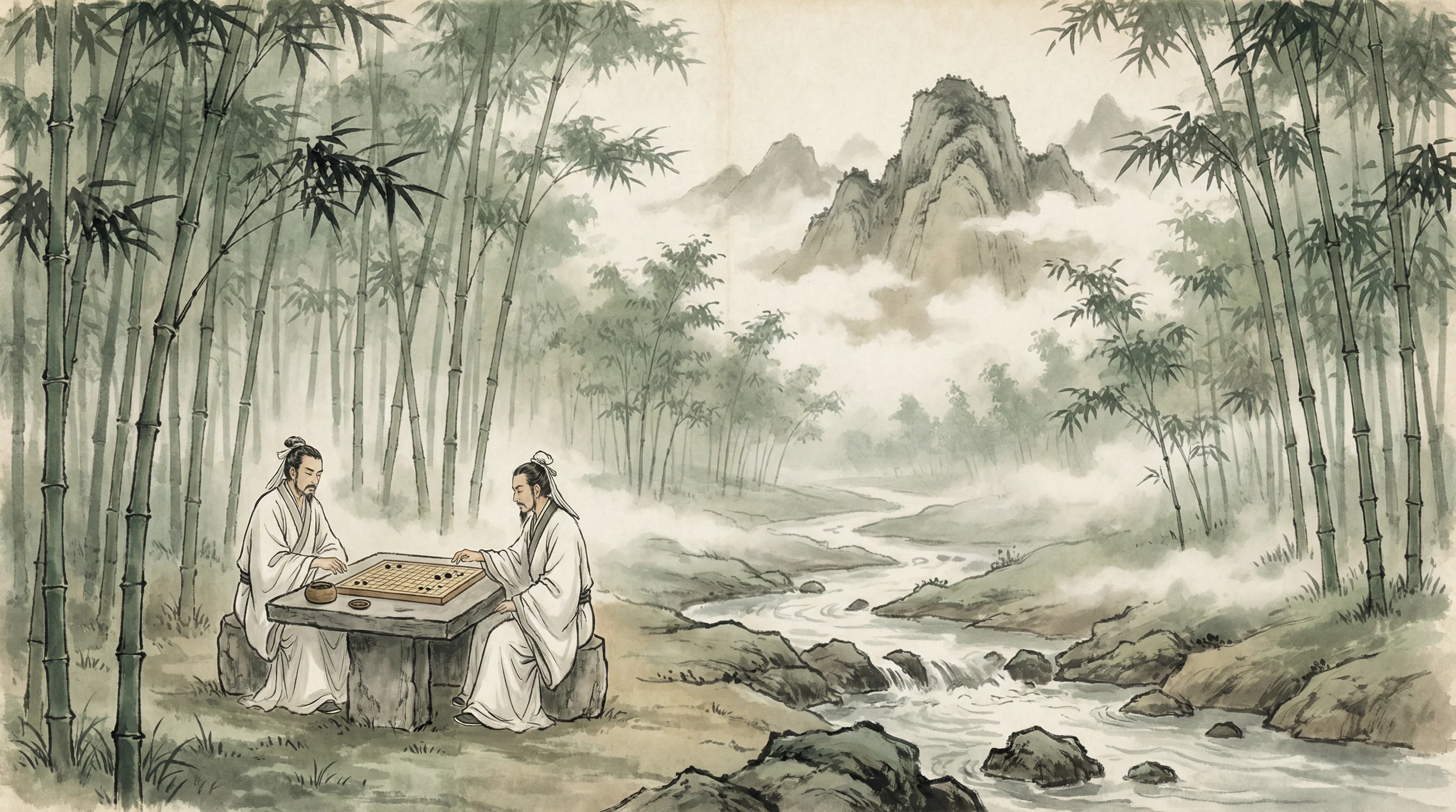 竹林对弈山水画，天元棋牌 棋道风景